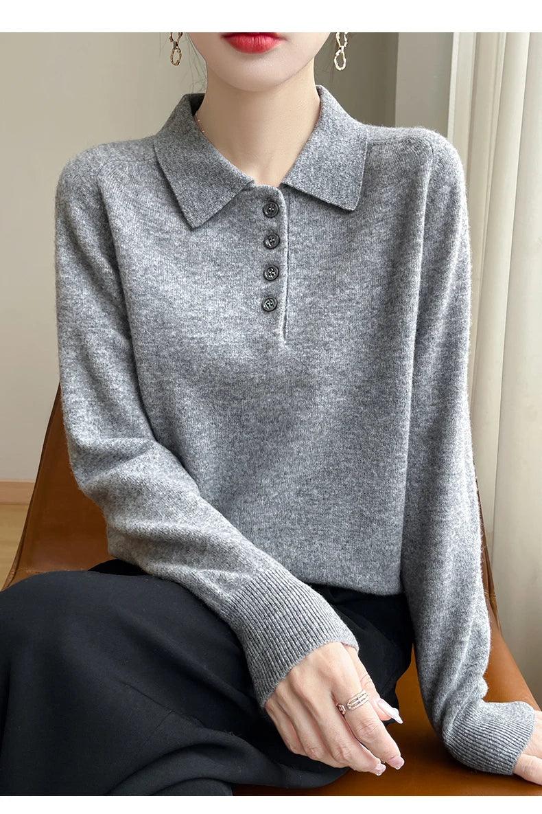 Polo Neck Pullover 100% Merino Wool Women's Solid Color Knit Top Fashion Korean Sweater Autumn and Winter Women's Clothes - Image 19