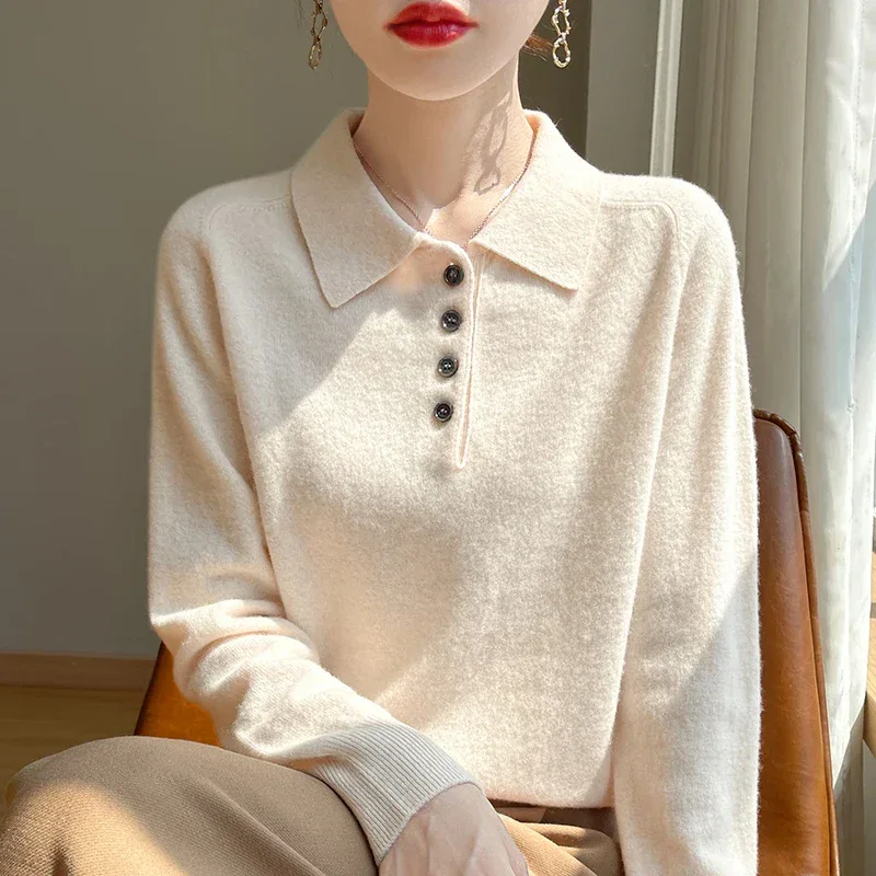 Polo Neck Pullover 100% Merino Wool Women's Solid Color Knit Top Fashion Korean Sweater Autumn and Winter Women's Clothes - Image 2