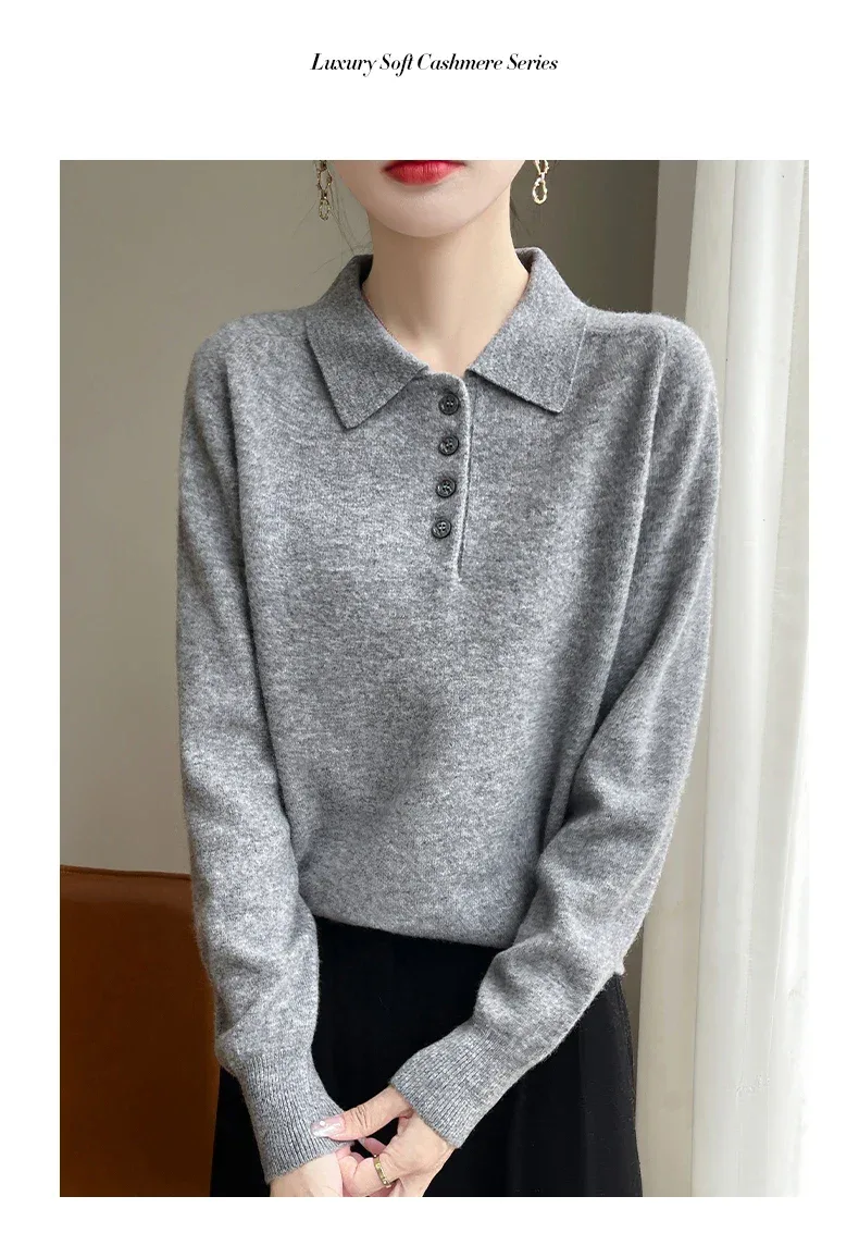 Polo Neck Pullover 100% Merino Wool Women's Solid Color Knit Top Fashion Korean Sweater Autumn and Winter Women's Clothes - Image 20
