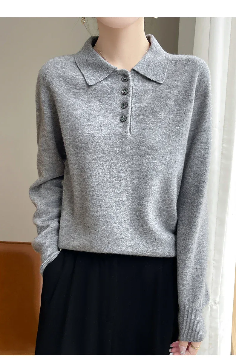 Polo Neck Pullover 100% Merino Wool Women's Solid Color Knit Top Fashion Korean Sweater Autumn and Winter Women's Clothes - Image 21