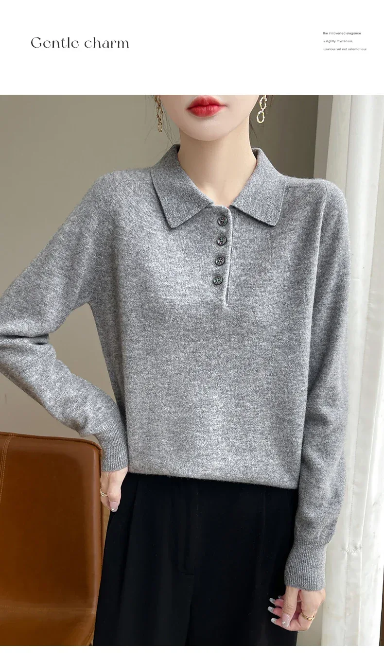 Polo Neck Pullover 100% Merino Wool Women's Solid Color Knit Top Fashion Korean Sweater Autumn and Winter Women's Clothes - Image 22