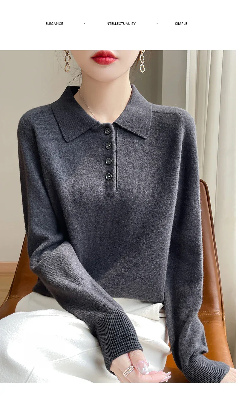 Polo Neck Pullover 100% Merino Wool Women's Solid Color Knit Top Fashion Korean Sweater Autumn and Winter Women's Clothes - Image 23