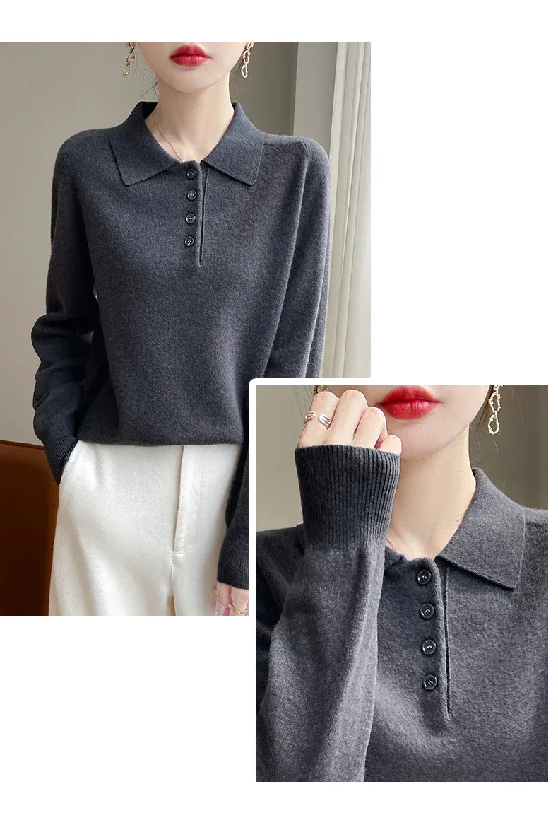 Polo Neck Pullover 100% Merino Wool Women's Solid Color Knit Top Fashion Korean Sweater Autumn and Winter Women's Clothes - Image 24
