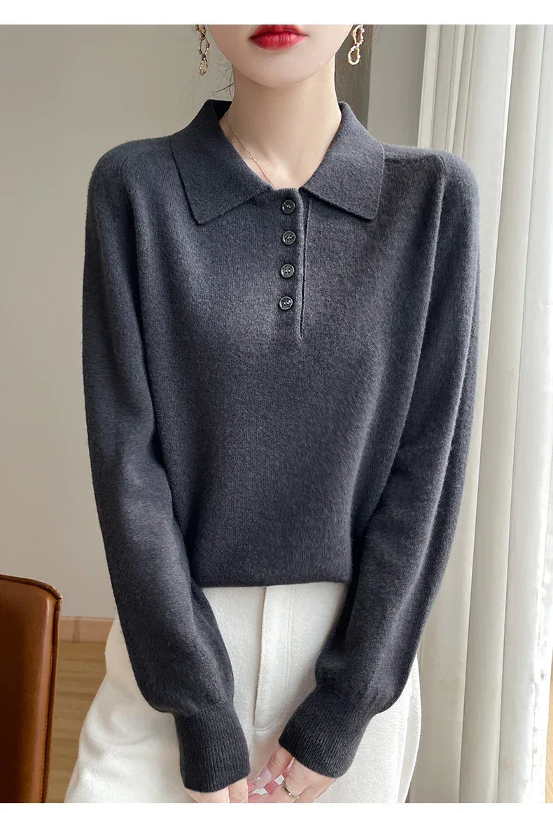 Polo Neck Pullover 100% Merino Wool Women's Solid Color Knit Top Fashion Korean Sweater Autumn and Winter Women's Clothes - Image 25
