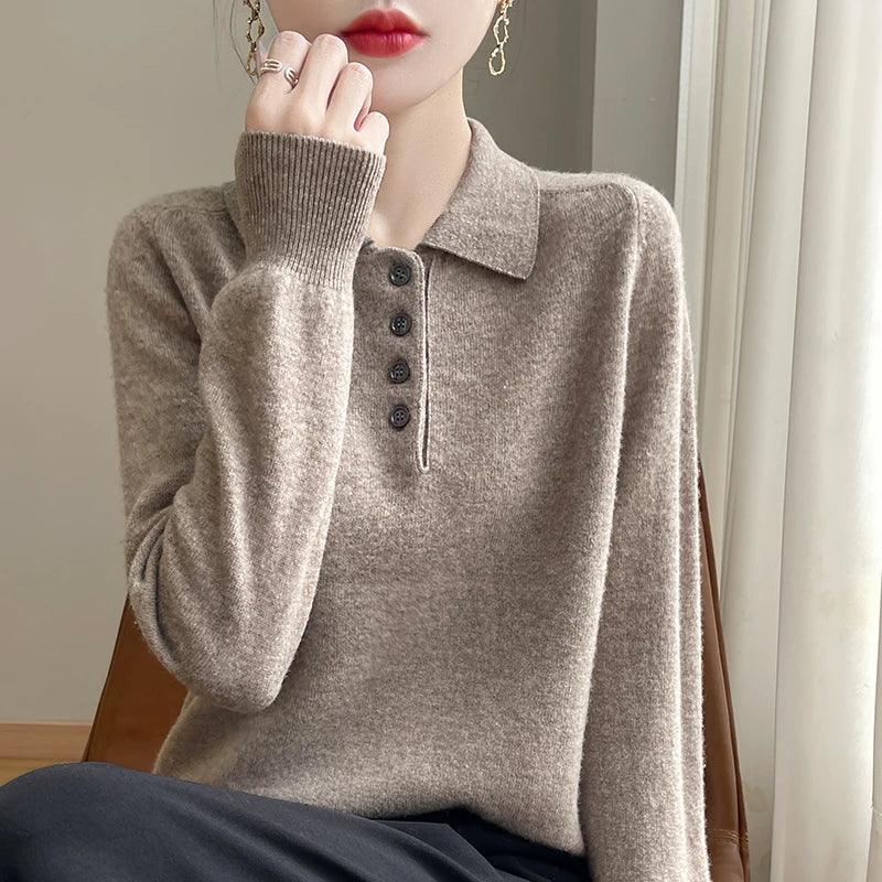Polo Neck Pullover 100% Merino Wool Women's Solid Color Knit Top Fashion Korean Sweater Autumn and Winter Women's Clothes - Image 26