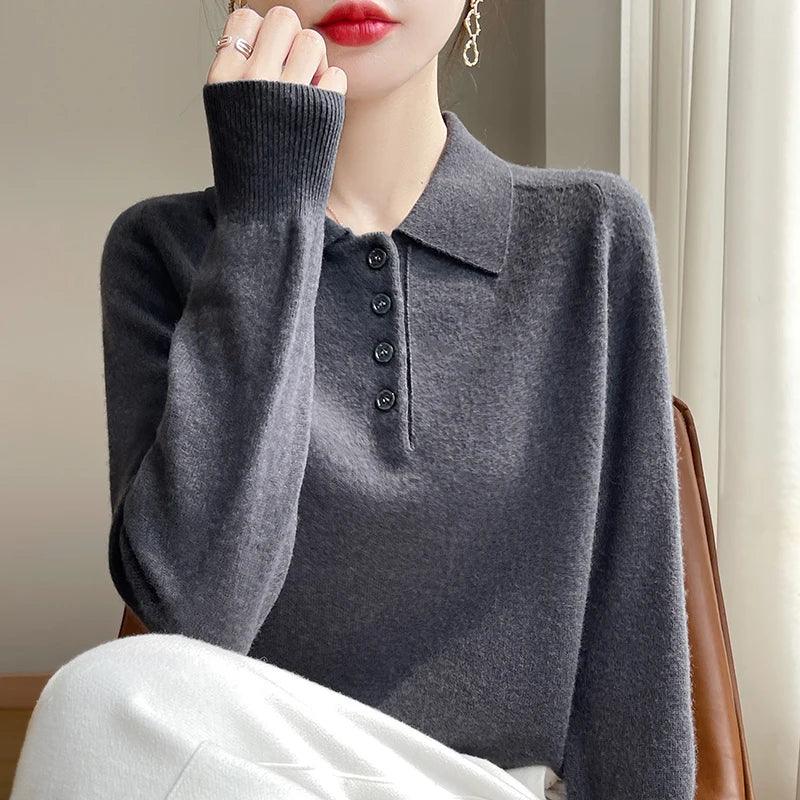 Polo Neck Pullover 100% Merino Wool Women's Solid Color Knit Top Fashion Korean Sweater Autumn and Winter Women's Clothes - Image 27