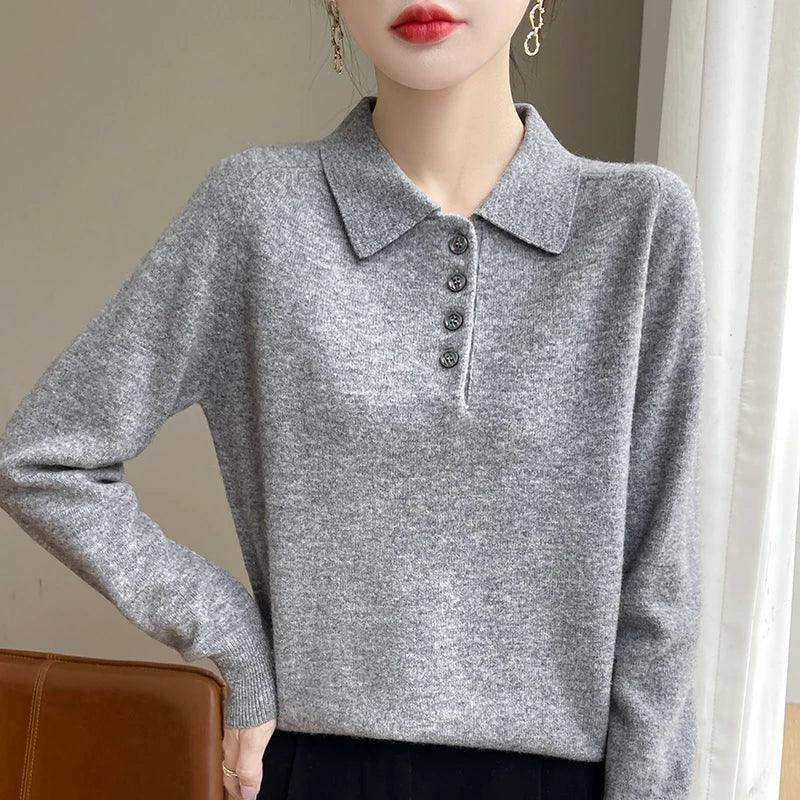 Polo Neck Pullover 100% Merino Wool Women's Solid Color Knit Top Fashion Korean Sweater Autumn and Winter Women's Clothes - Image 28
