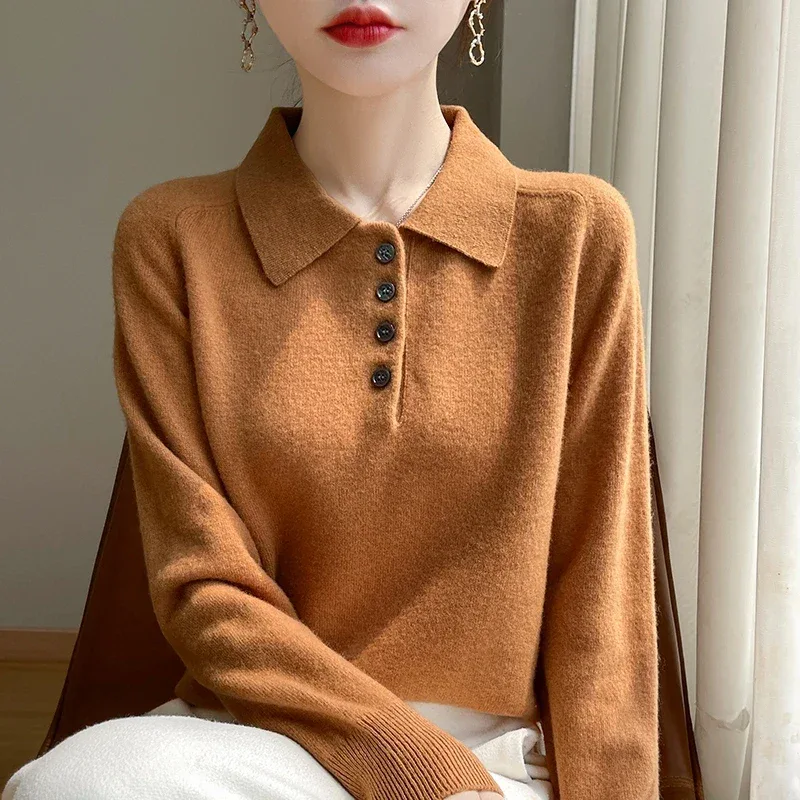 Polo Neck Pullover 100% Merino Wool Women's Solid Color Knit Top Fashion Korean Sweater Autumn and Winter Women's Clothes - Image 29