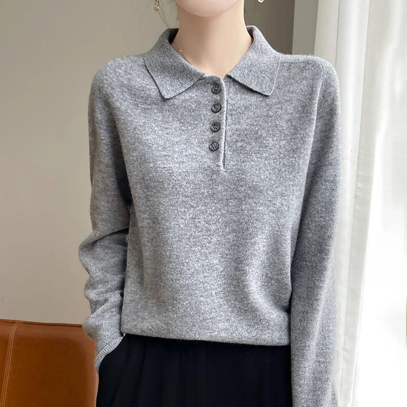 Polo Neck Pullover 100% Merino Wool Women's Solid Color Knit Top Fashion Korean Sweater Autumn and Winter Women's Clothes - Image 3