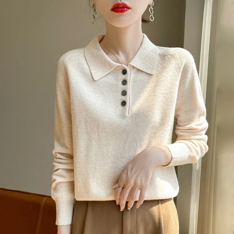 Polo Neck Pullover 100% Merino Wool Women's Solid Color Knit Top Fashion Korean Sweater Autumn and Winter Women's Clothes - Image 30