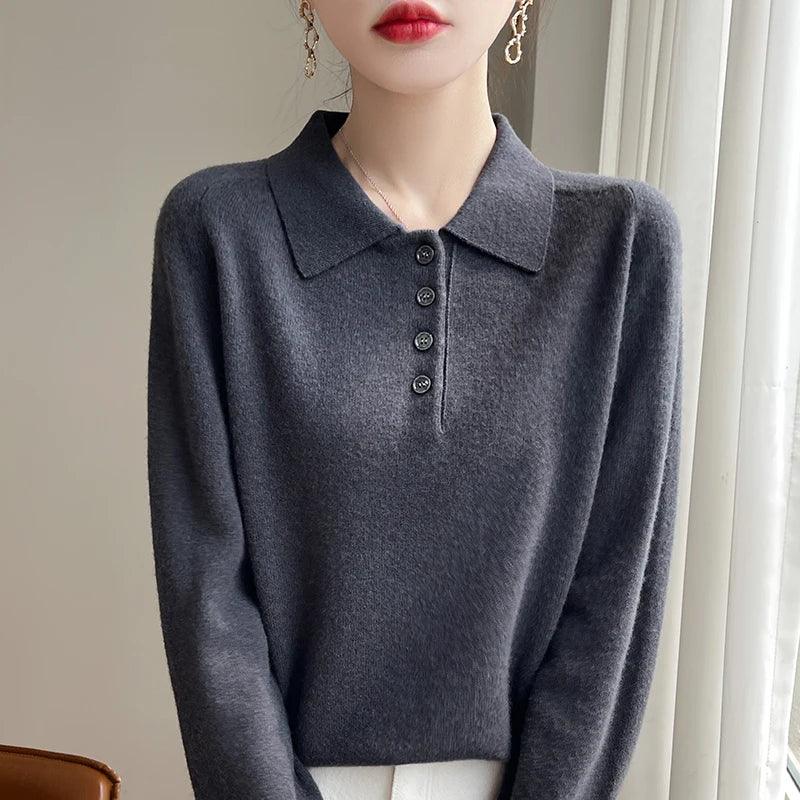 Polo Neck Pullover 100% Merino Wool Women's Solid Color Knit Top Fashion Korean Sweater Autumn and Winter Women's Clothes - Image 4
