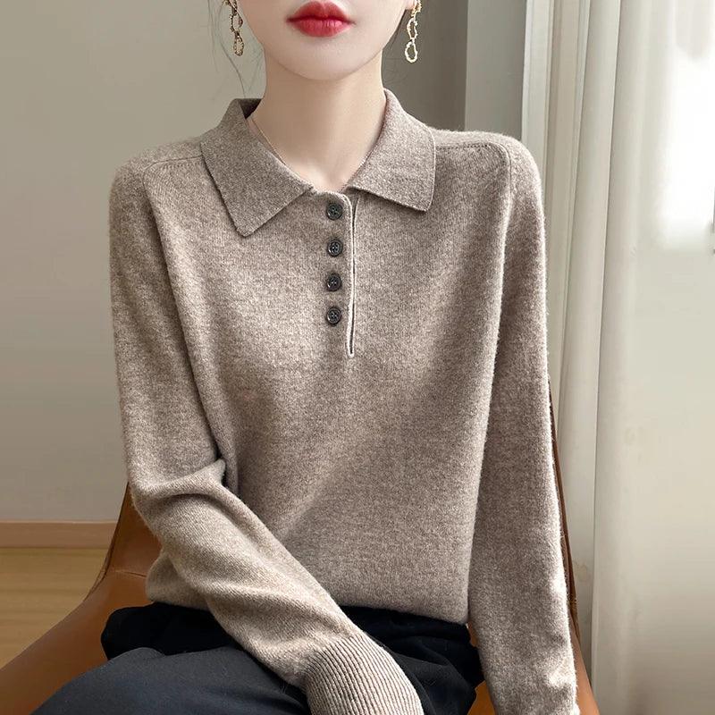 Polo Neck Pullover 100% Merino Wool Women's Solid Color Knit Top Fashion Korean Sweater Autumn and Winter Women's Clothes - Image 5