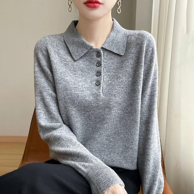 Polo Neck Pullover 100% Merino Wool Women's Solid Color Knit Top Fashion Korean Sweater Autumn and Winter Women's Clothes - Image 6