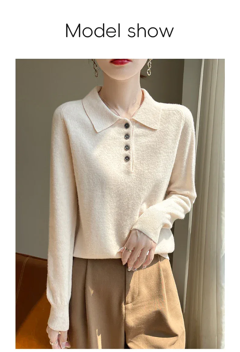 Polo Neck Pullover 100% Merino Wool Women's Solid Color Knit Top Fashion Korean Sweater Autumn and Winter Women's Clothes - Image 7