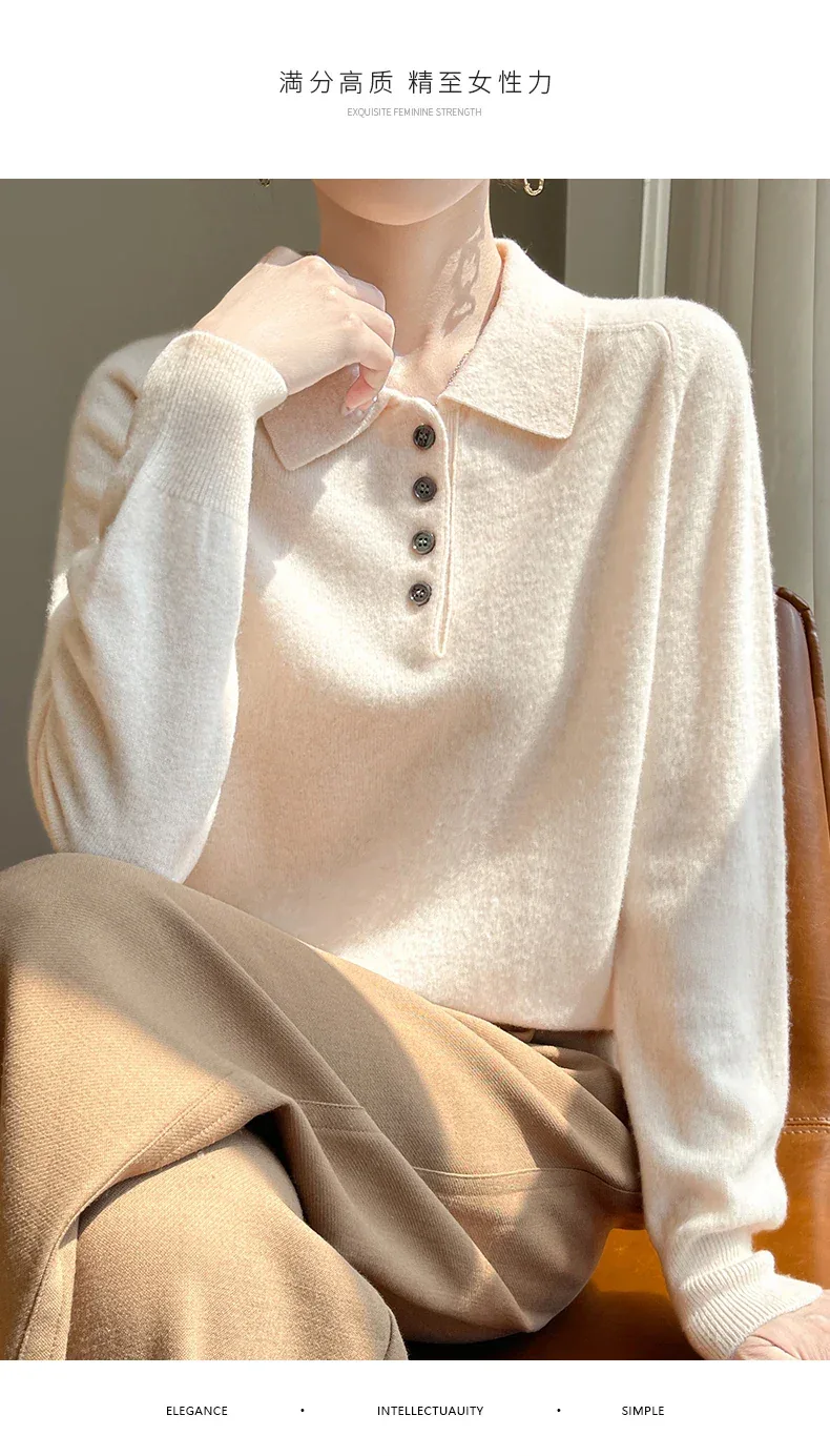 Polo Neck Pullover 100% Merino Wool Women's Solid Color Knit Top Fashion Korean Sweater Autumn and Winter Women's Clothes - Image 8
