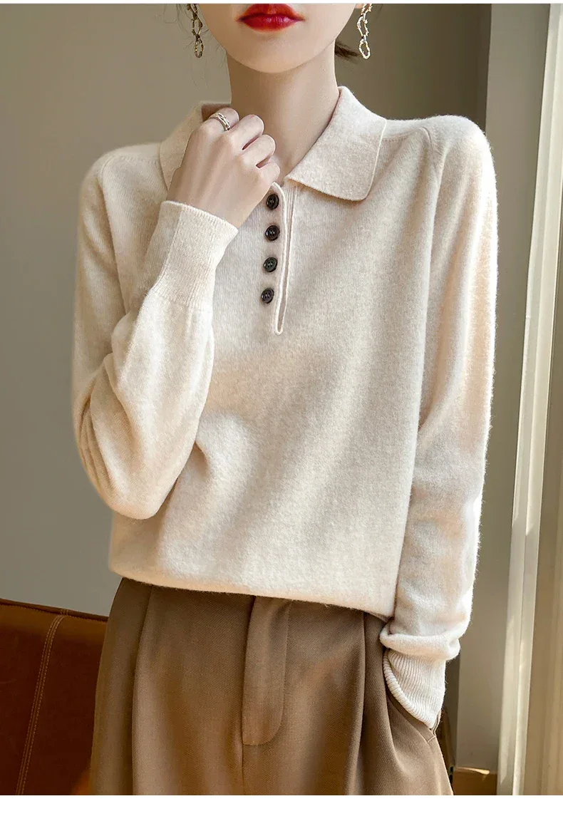 Polo Neck Pullover 100% Merino Wool Women's Solid Color Knit Top Fashion Korean Sweater Autumn and Winter Women's Clothes - Image 9
