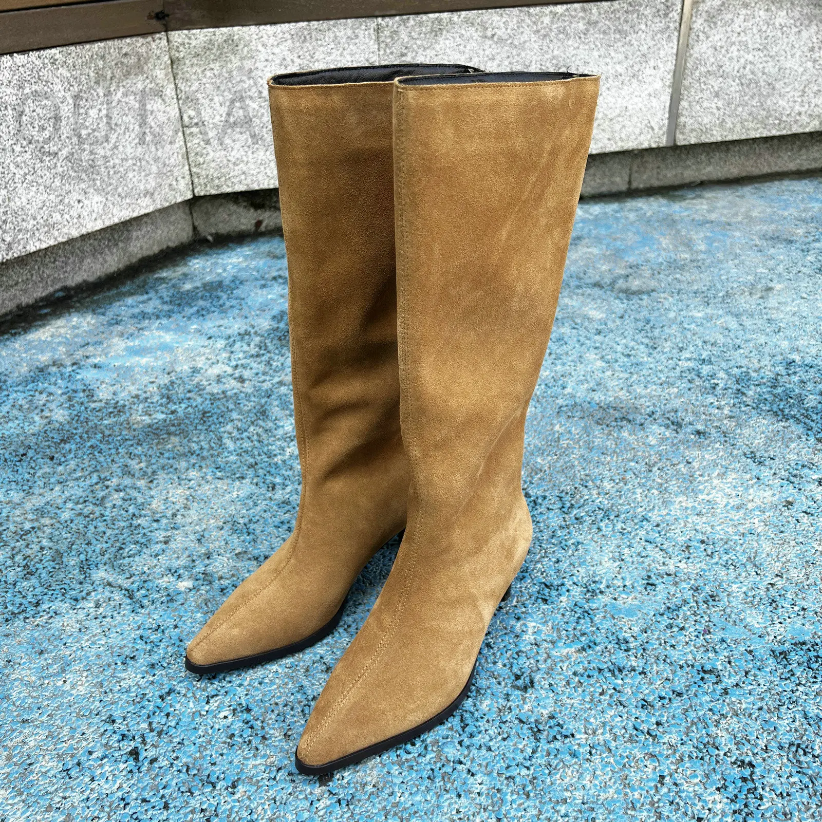QUTAA Fashion Winter Women Knee High Boots Cow Suede Autumn Shoes Pointed Toe Buckles Chunky High Heels Motorcycle Boots 34-43 - Image 15