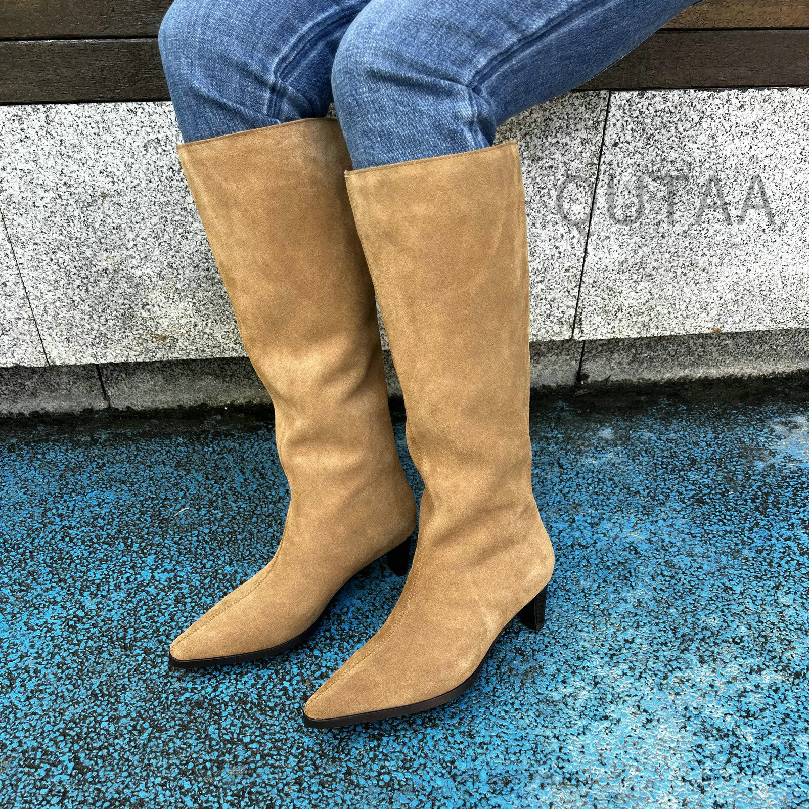 QUTAA Fashion Winter Women Knee High Boots Cow Suede Autumn Shoes Pointed Toe Buckles Chunky High Heels Motorcycle Boots 34-43 - Image 28