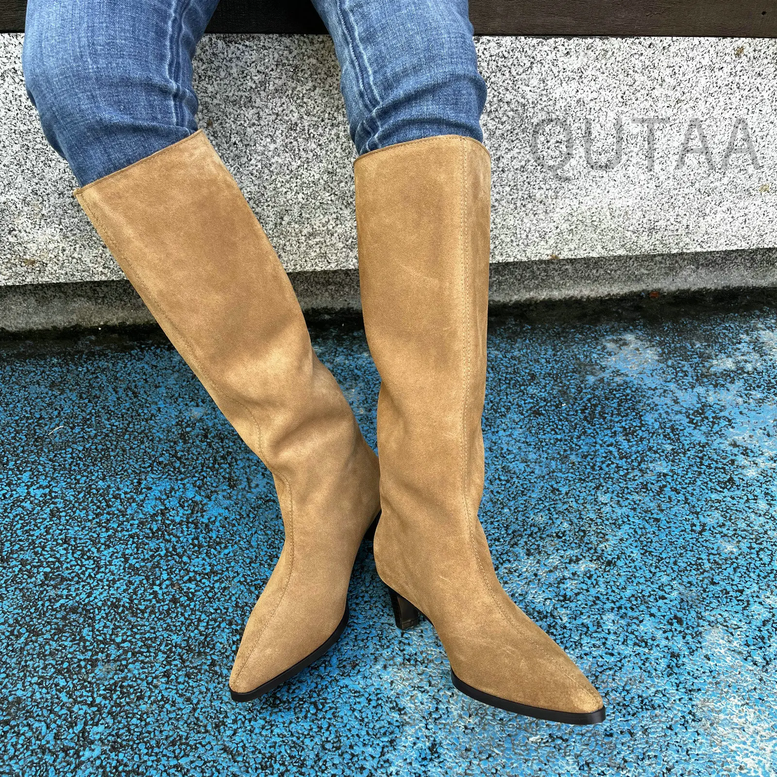 QUTAA Fashion Winter Women Knee High Boots Cow Suede Autumn Shoes Pointed Toe Buckles Chunky High Heels Motorcycle Boots 34-43 - Image 29