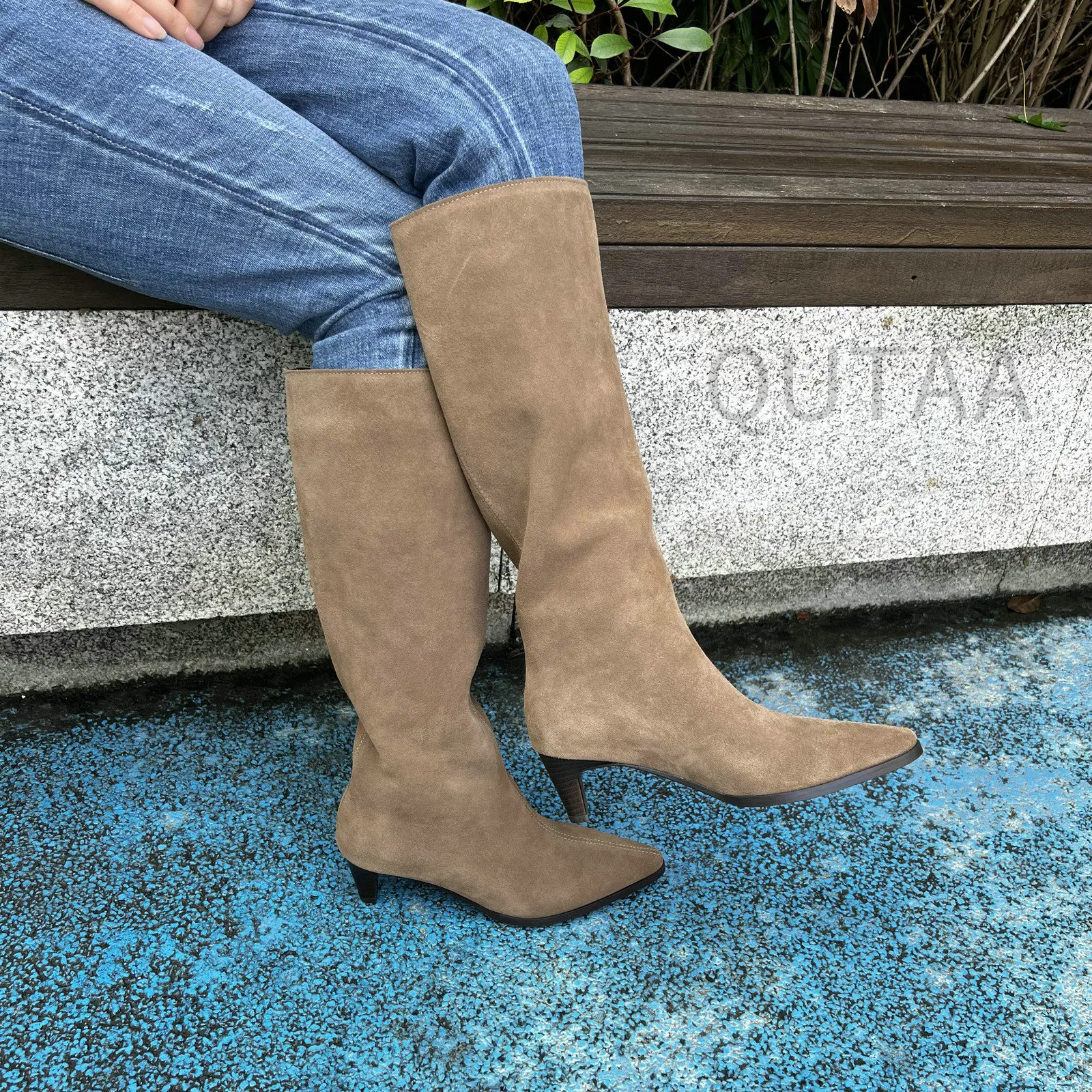 QUTAA Fashion Winter Women Knee High Boots Cow Suede Autumn Shoes Pointed Toe Buckles Chunky High Heels Motorcycle Boots 34-43 - Image 3