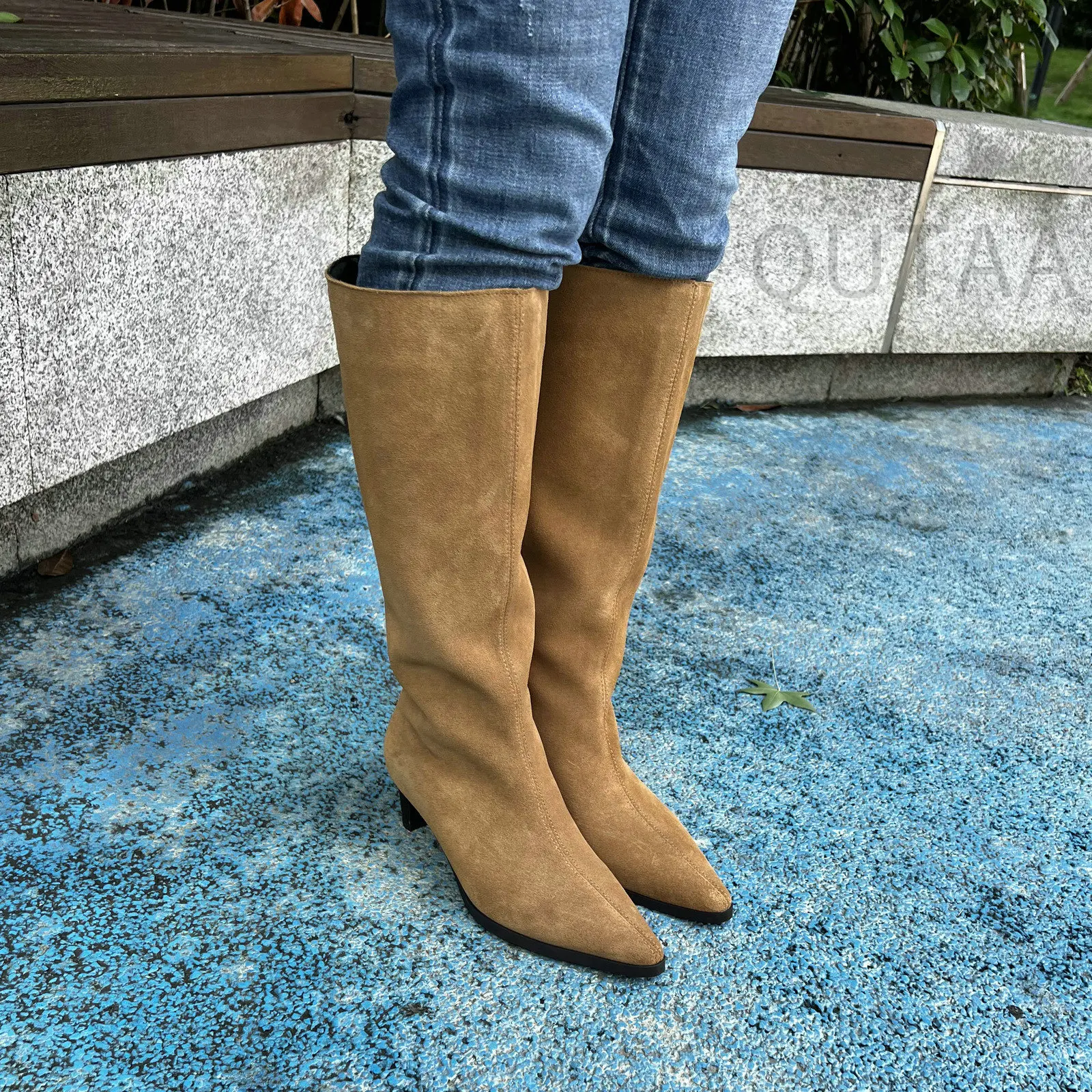 QUTAA Fashion Winter Women Knee High Boots Cow Suede Autumn Shoes Pointed Toe Buckles Chunky High Heels Motorcycle Boots 34-43 - Image 30