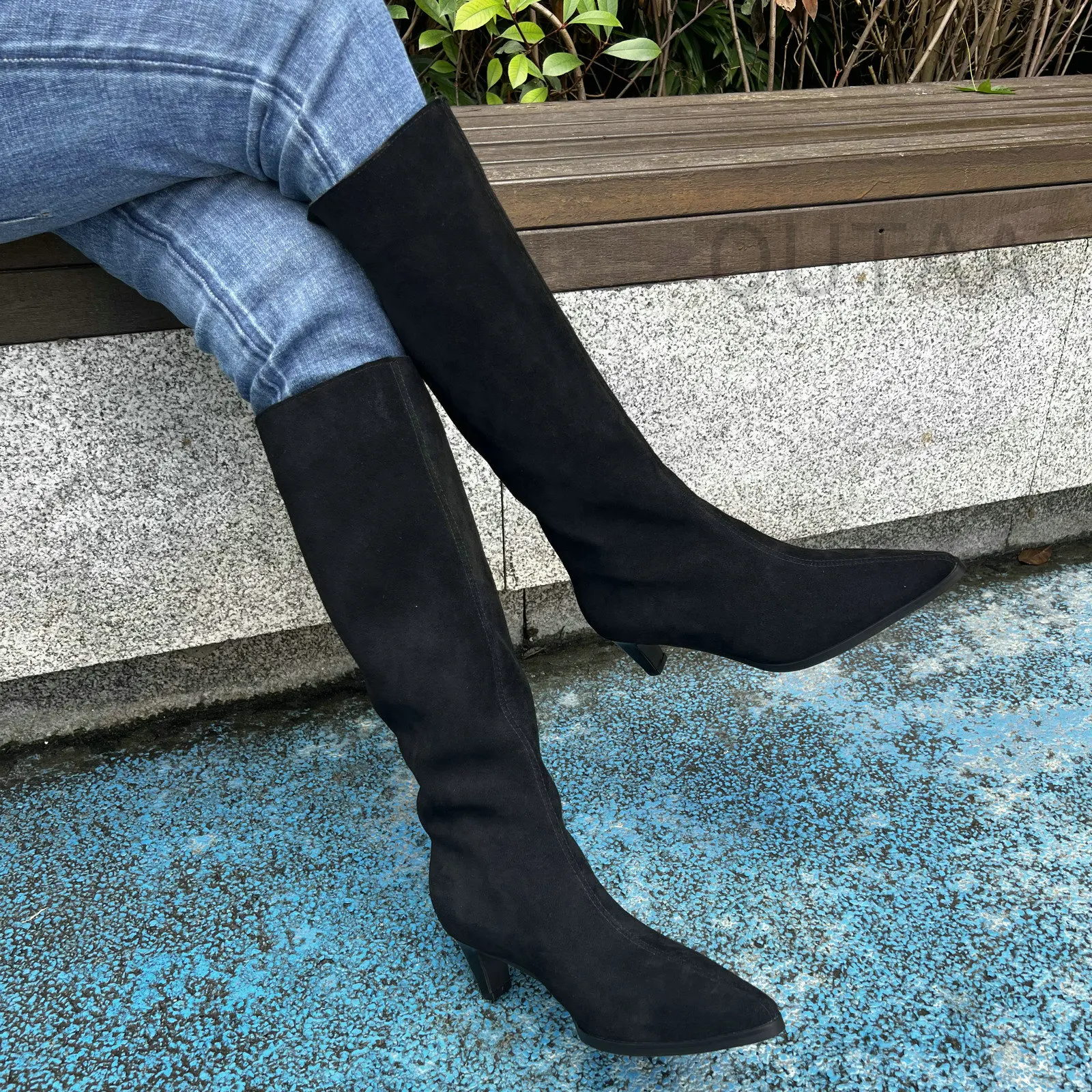 QUTAA Fashion Winter Women Knee High Boots Cow Suede Autumn Shoes Pointed Toe Buckles Chunky High Heels Motorcycle Boots 34-43 - Image 32