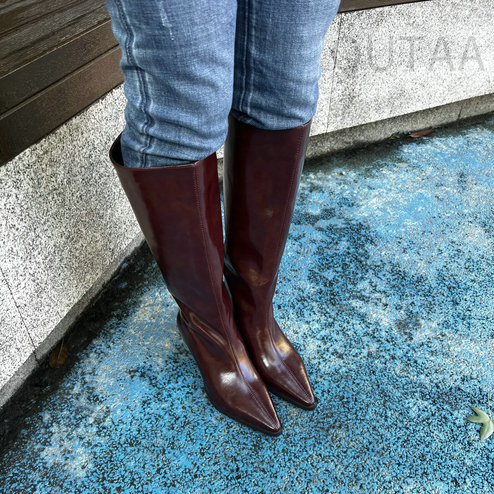 QUTAA Fashion Winter Women Knee High Boots Cow Suede Autumn Shoes Pointed Toe Buckles Chunky High Heels Motorcycle Boots 34-43 - Image 35