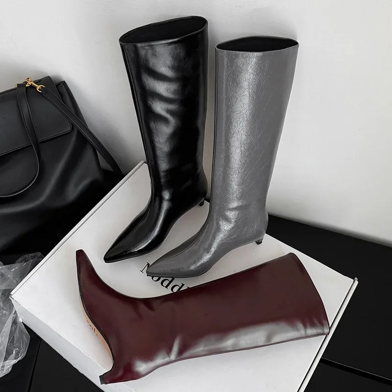 QUTAA News Fashion Winter Women Knee High Boots Pointed Toe Woman Shoes Low Kitten Heels Cow Leather Long Boots Dress Size 34-43 - Image 10