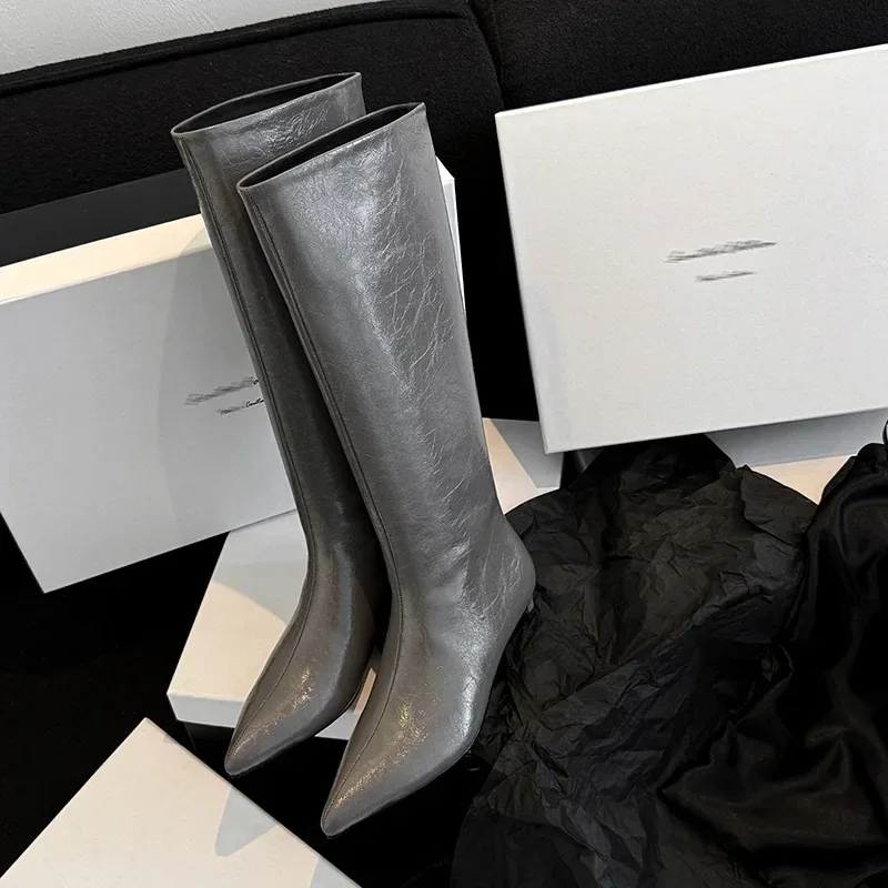 QUTAA News Fashion Winter Women Knee High Boots Pointed Toe Woman Shoes Low Kitten Heels Cow Leather Long Boots Dress Size 34-43 - Image 12