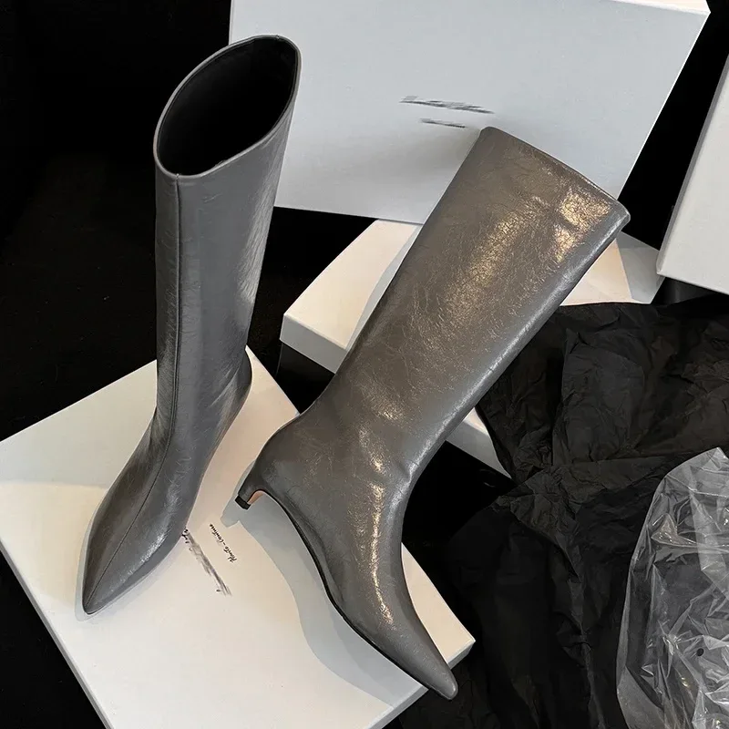 QUTAA News Fashion Winter Women Knee High Boots Pointed Toe Woman Shoes Low Kitten Heels Cow Leather Long Boots Dress Size 34-43 - Image 13