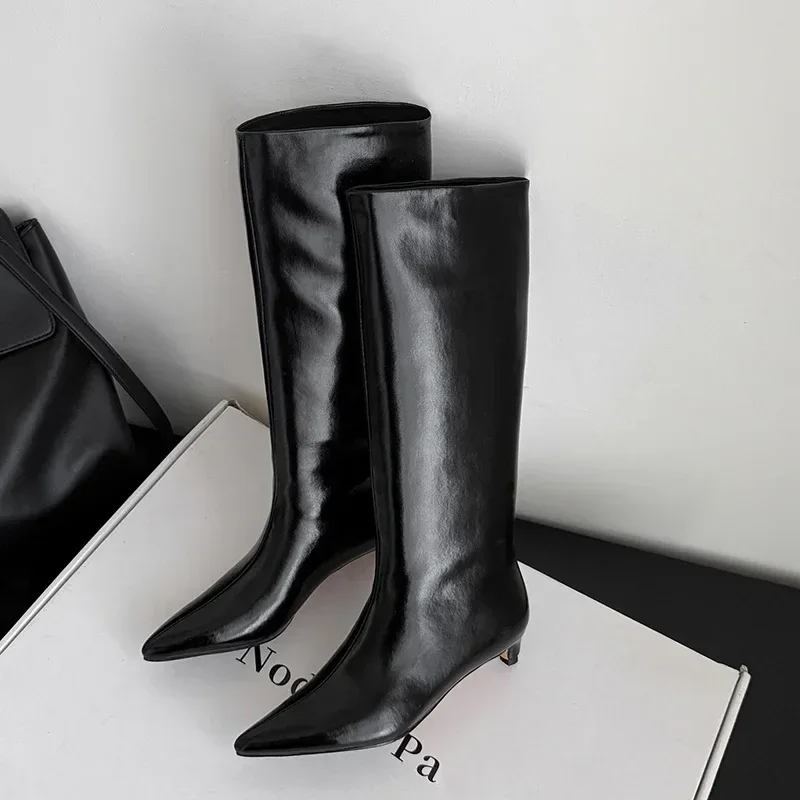 QUTAA News Fashion Winter Women Knee High Boots Pointed Toe Woman Shoes Low Kitten Heels Cow Leather Long Boots Dress Size 34-43 - Image 15