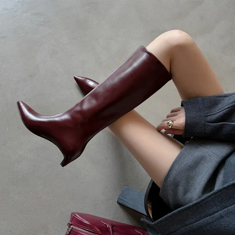 QUTAA News Fashion Winter Women Knee High Boots Pointed Toe Woman Shoes Low Kitten Heels Cow Leather Long Boots Dress Size 34-43 - Image 17