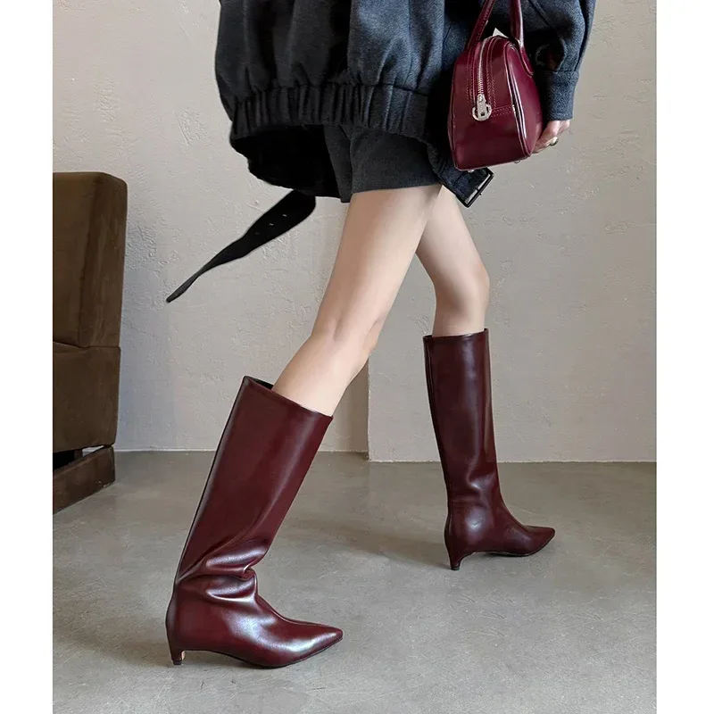 QUTAA News Fashion Winter Women Knee High Boots Pointed Toe Woman Shoes Low Kitten Heels Cow Leather Long Boots Dress Size 34-43 - Image 18