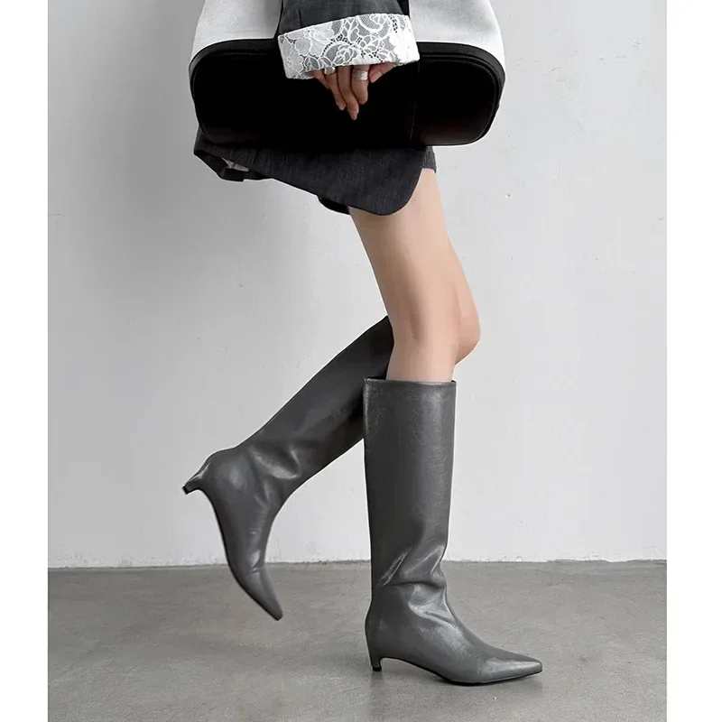 QUTAA News Fashion Winter Women Knee High Boots Pointed Toe Woman Shoes Low Kitten Heels Cow Leather Long Boots Dress Size 34-43 - Image 20