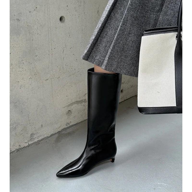 QUTAA News Fashion Winter Women Knee High Boots Pointed Toe Woman Shoes Low Kitten Heels Cow Leather Long Boots Dress Size 34-43 - Image 22