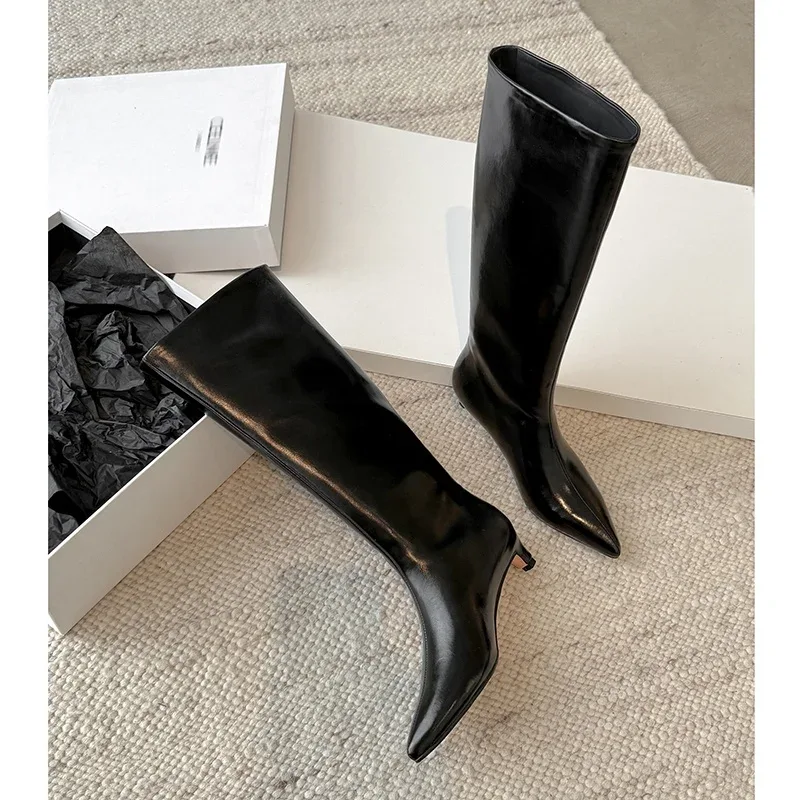 QUTAA News Fashion Winter Women Knee High Boots Pointed Toe Woman Shoes Low Kitten Heels Cow Leather Long Boots Dress Size 34-43 - Image 3