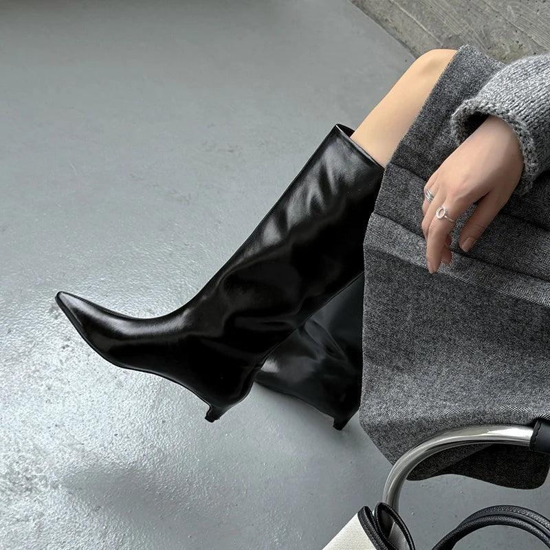 QUTAA News Fashion Winter Women Knee High Boots Pointed Toe Woman Shoes Low Kitten Heels Cow Leather Long Boots Dress Size 34-43 - Image 5