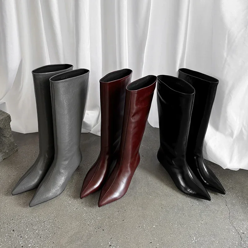 QUTAA News Fashion Winter Women Knee High Boots Pointed Toe Woman Shoes Low Kitten Heels Cow Leather Long Boots Dress Size 34-43 - Image 9