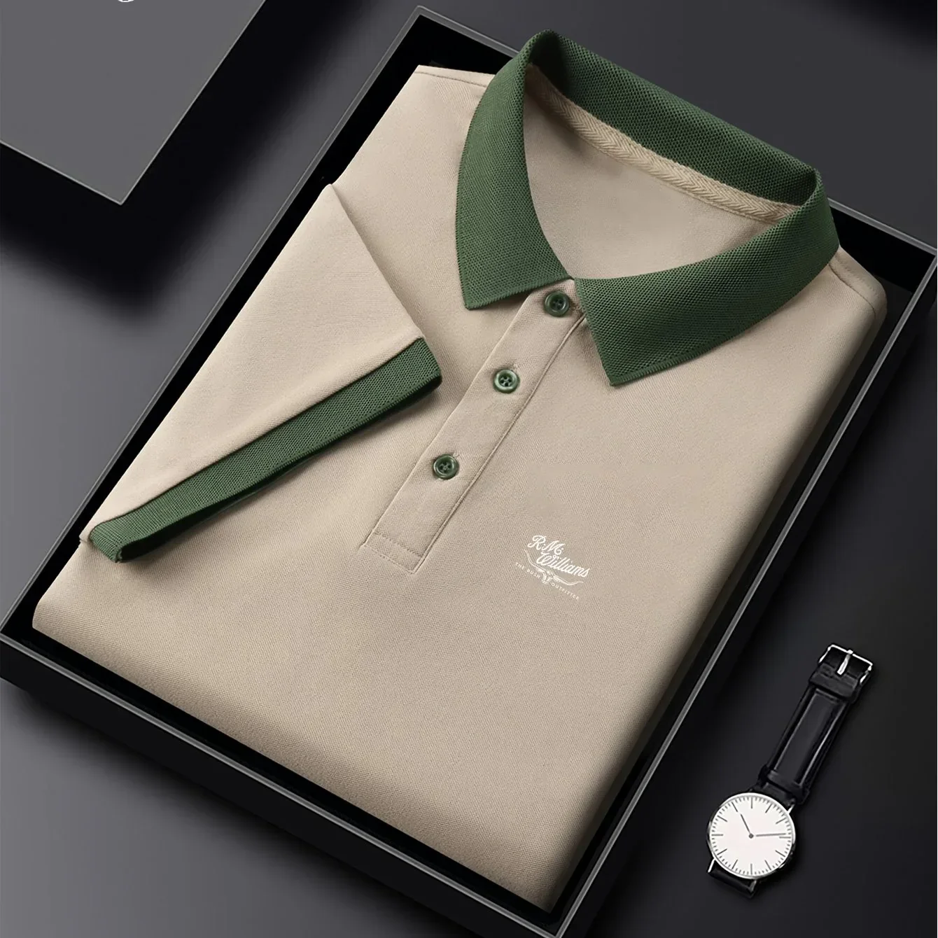 R.M.Williams Men'S Casual Summer Shirt - Beige with Green Collar & Cuffs, Button-Up Collar, Short Sleeve, Regular Fit for Gym, Outdoor Activities & Casual Attire, Gym Apparel, Classic Collar Design, Comfortable Fit - Image 19