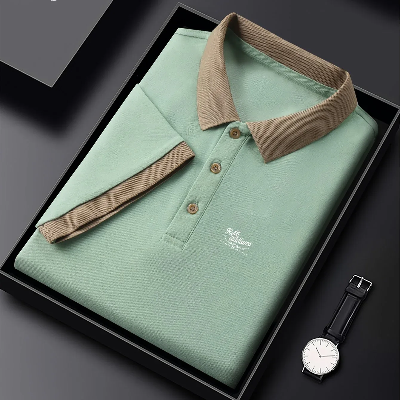 R.M.Williams Men'S Casual Summer Shirt - Beige with Green Collar & Cuffs, Button-Up Collar, Short Sleeve, Regular Fit for Gym, Outdoor Activities & Casual Attire, Gym Apparel, Classic Collar Design, Comfortable Fit - Image 21