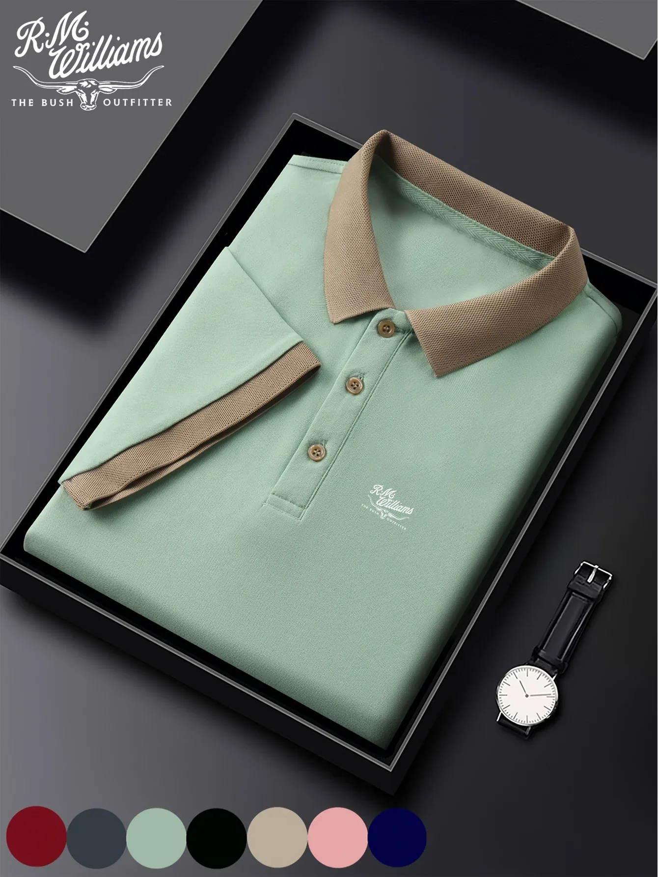 R.M.Williams Men'S Casual Summer Shirt - Beige with Green Collar & Cuffs, Button-Up Collar, Short Sleeve, Regular Fit for Gym, Outdoor Activities & Casual Attire, Gym Apparel, Classic Collar Design, Comfortable Fit - Image 6