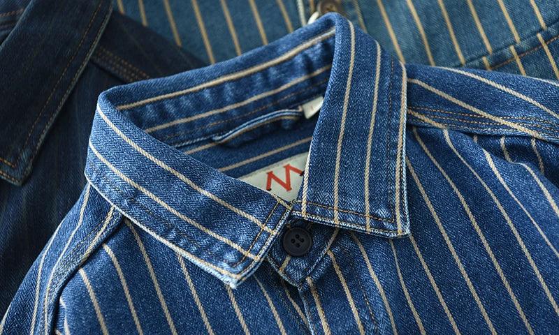 Retro Japanese Sle Men's Denim irt Cotton Long Sve Waed Striped Workwear Loose Fit Outerwear Faion Urban Youth - Image 10