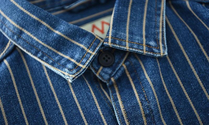 Retro Japanese Sle Men's Denim irt Cotton Long Sve Waed Striped Workwear Loose Fit Outerwear Faion Urban Youth - Image 11
