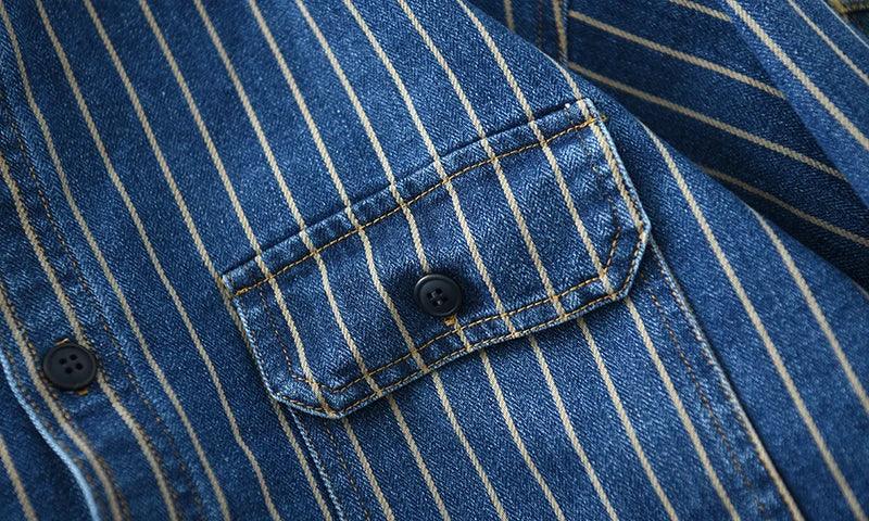 Retro Japanese Sle Men's Denim irt Cotton Long Sve Waed Striped Workwear Loose Fit Outerwear Faion Urban Youth - Image 13