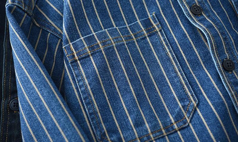 Retro Japanese Sle Men's Denim irt Cotton Long Sve Waed Striped Workwear Loose Fit Outerwear Faion Urban Youth - Image 14