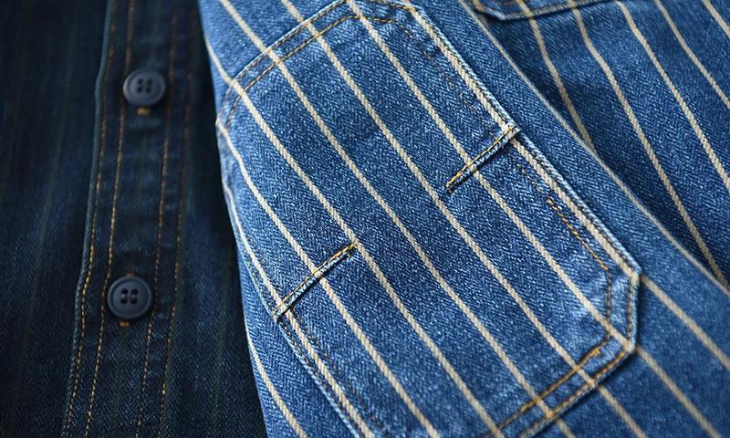Retro Japanese Sle Men's Denim irt Cotton Long Sve Waed Striped Workwear Loose Fit Outerwear Faion Urban Youth - Image 16