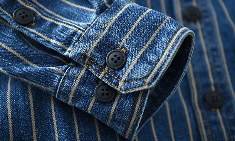 Retro Japanese Sle Men's Denim irt Cotton Long Sve Waed Striped Workwear Loose Fit Outerwear Faion Urban Youth - Image 17