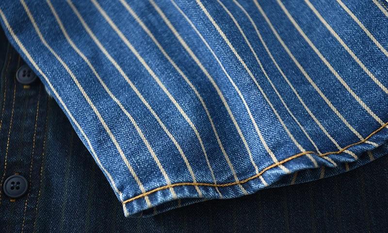 Retro Japanese Sle Men's Denim irt Cotton Long Sve Waed Striped Workwear Loose Fit Outerwear Faion Urban Youth - Image 18