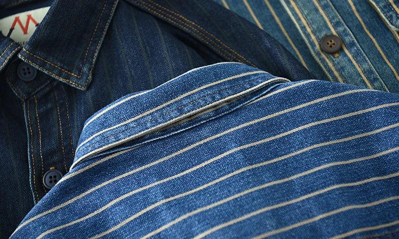 Retro Japanese Sle Men's Denim irt Cotton Long Sve Waed Striped Workwear Loose Fit Outerwear Faion Urban Youth - Image 21