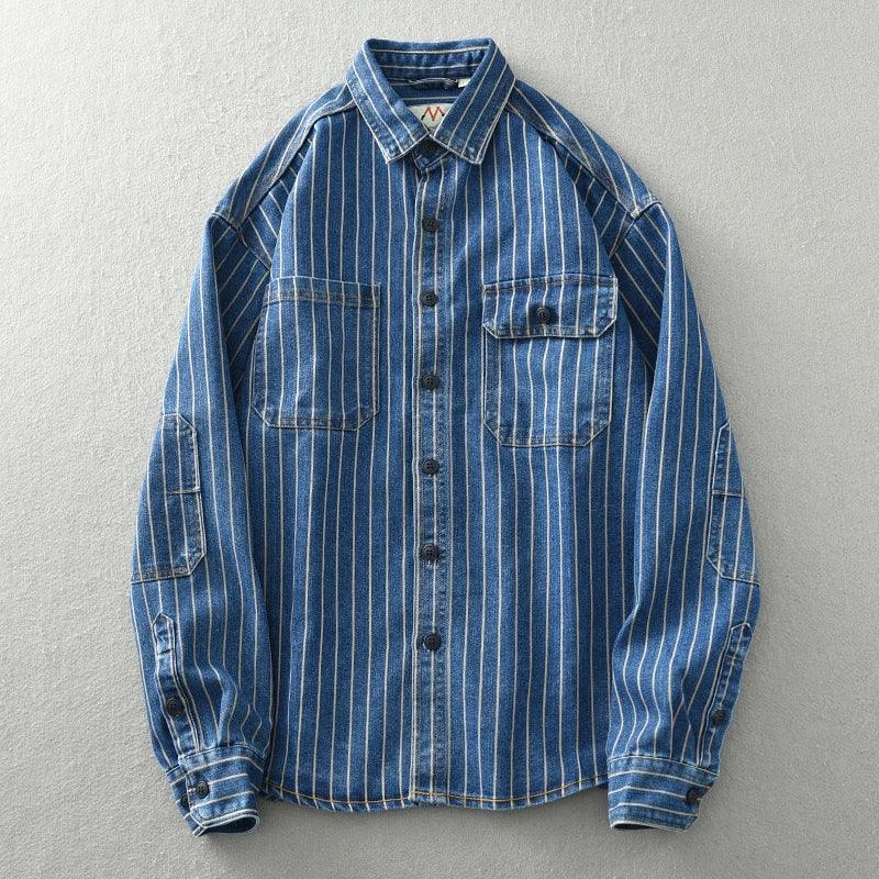 Retro Japanese Sle Men's Denim irt Cotton Long Sve Waed Striped Workwear Loose Fit Outerwear Faion Urban Youth - Image 3
